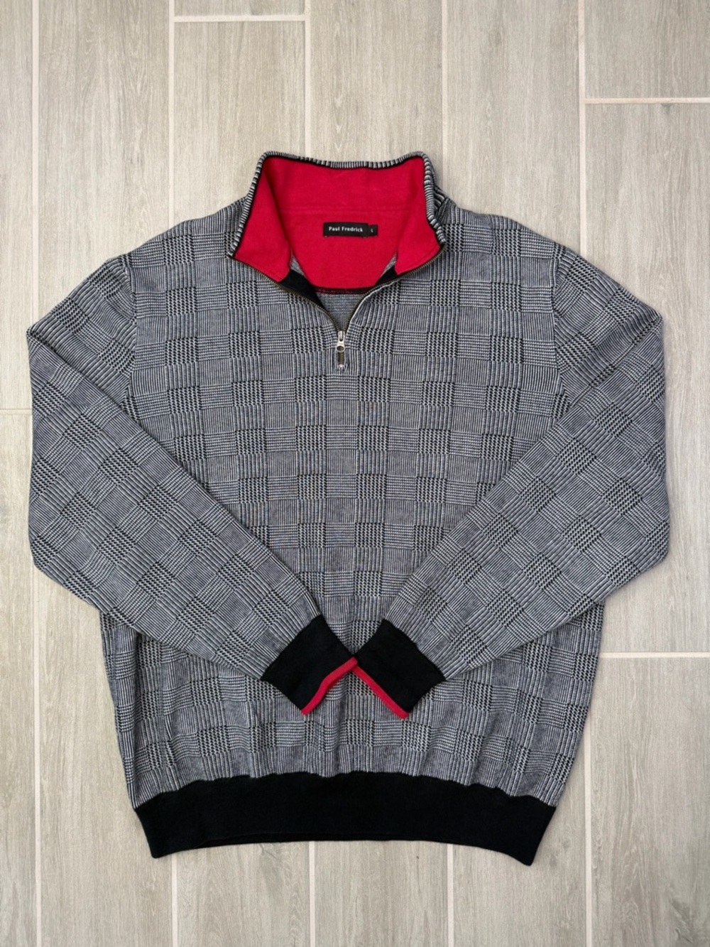 Paul Fredrick Grey Glen Plaid Quarter-Zip Sweater with Red Contrast